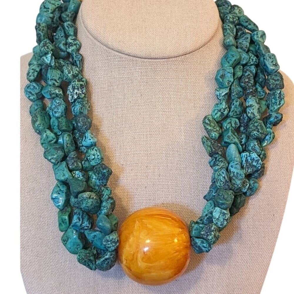 Blue Green Stone Five Strand Butterscotch Ball Bead Necklace W/ Hook Clasp